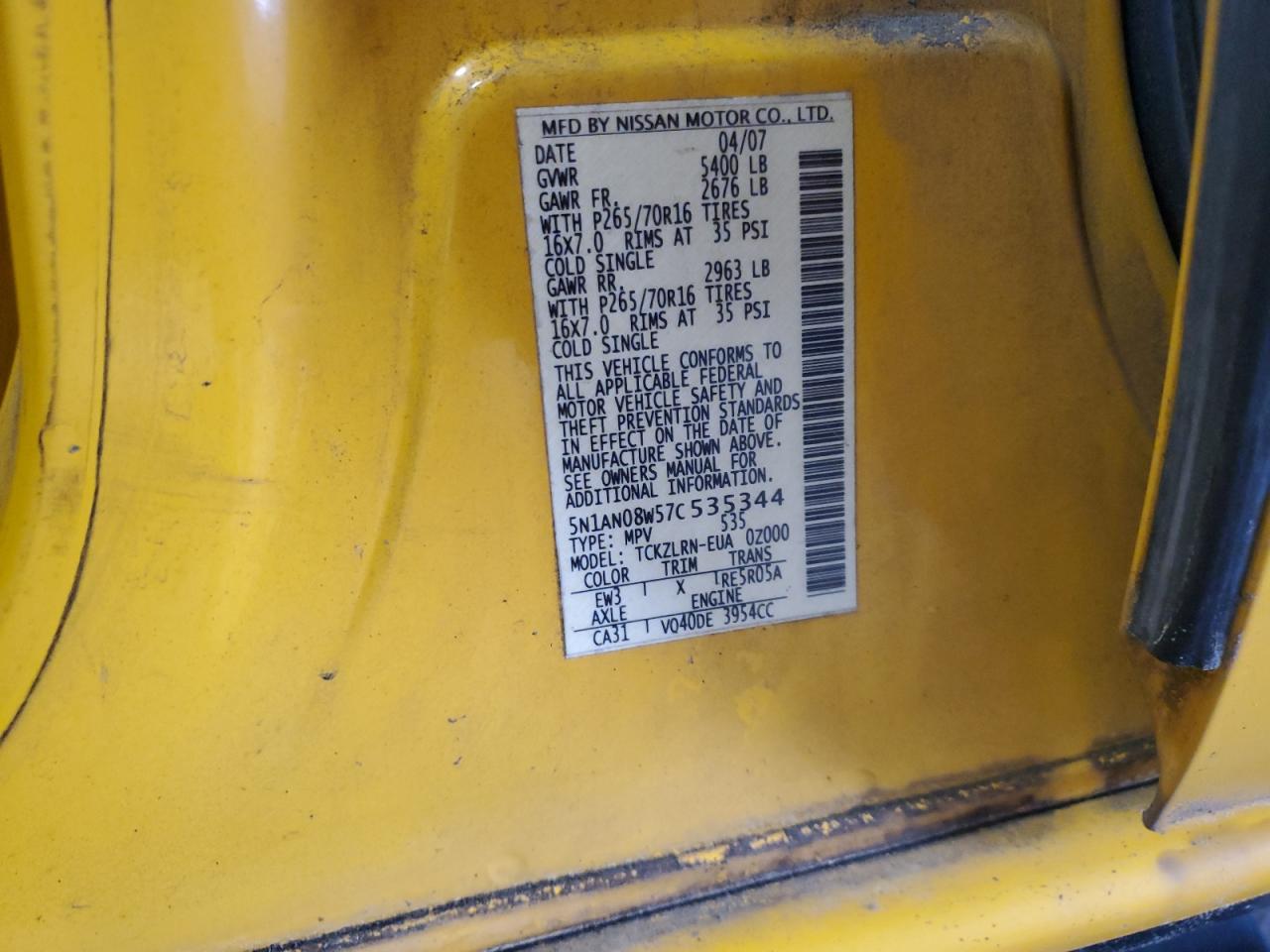 2007 Nissan Xterra Off Road VIN: 5N1AN08W57C535344 Lot: 62215465