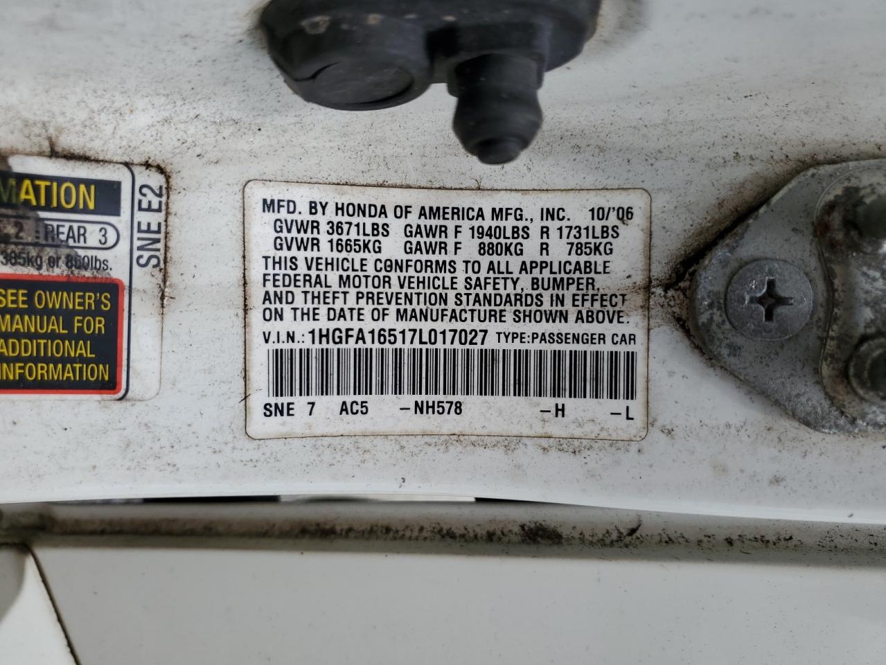 2007 Honda Civic Lx VIN: 1HGFA16517L017027 Lot: 67002985