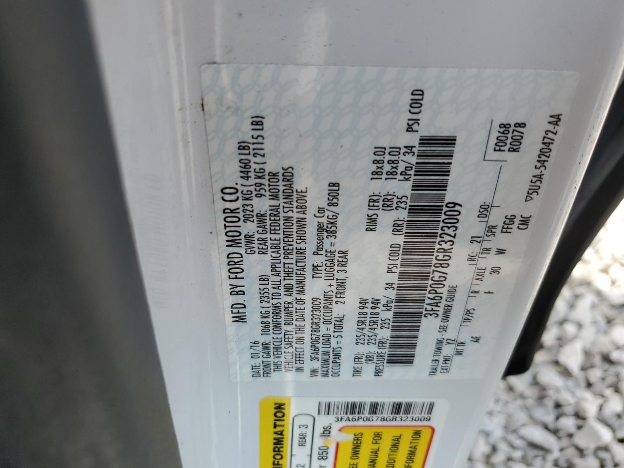 2016 Ford Fusion S VIN: 3FA6P0G78GR323009 Lot: 65970685