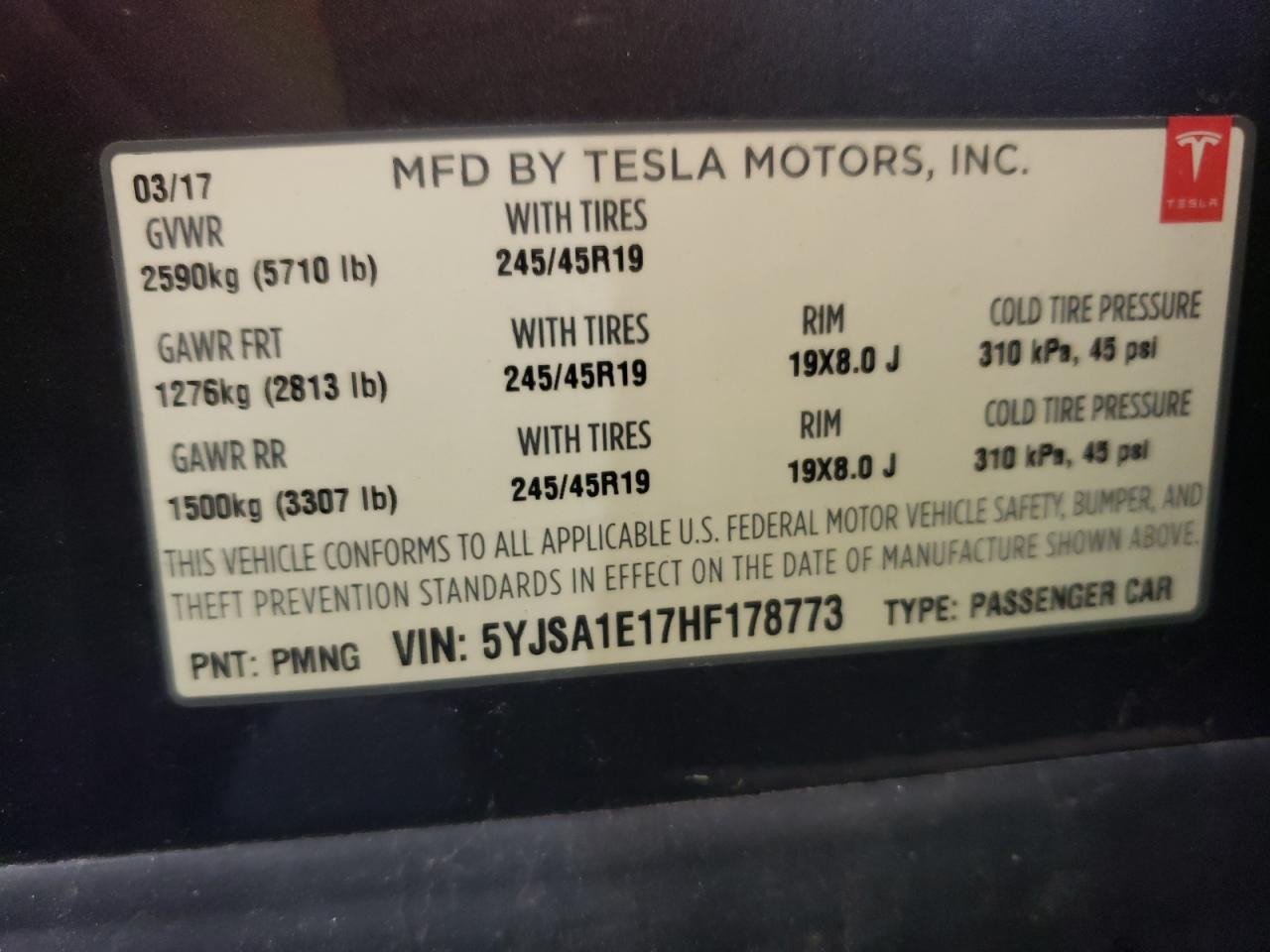 2017 Tesla Model S VIN: 5YJSA1E17HF178773 Lot: 61630165