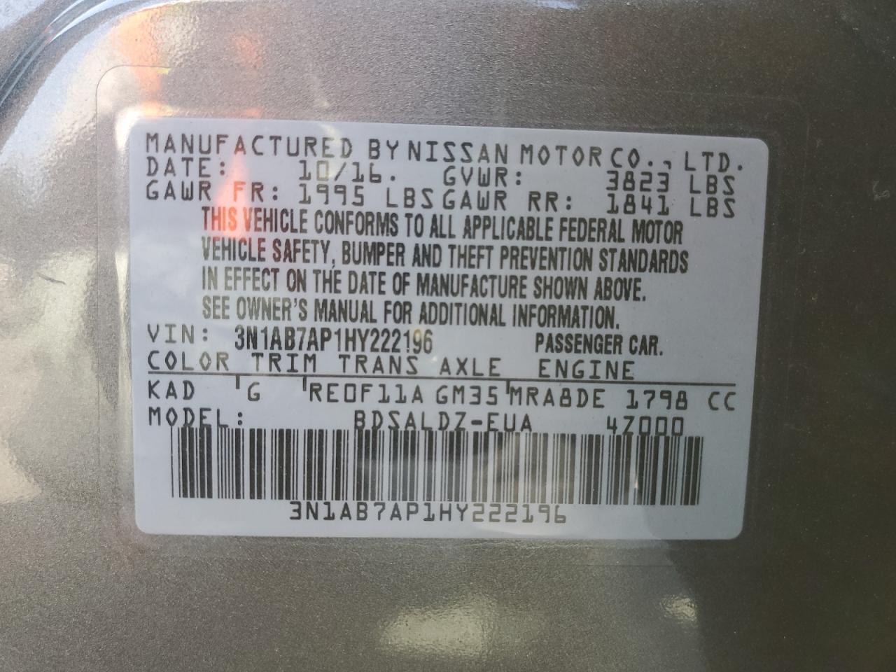 2017 Nissan Sentra S VIN: 3N1AB7AP1HY222196 Lot: 63598425