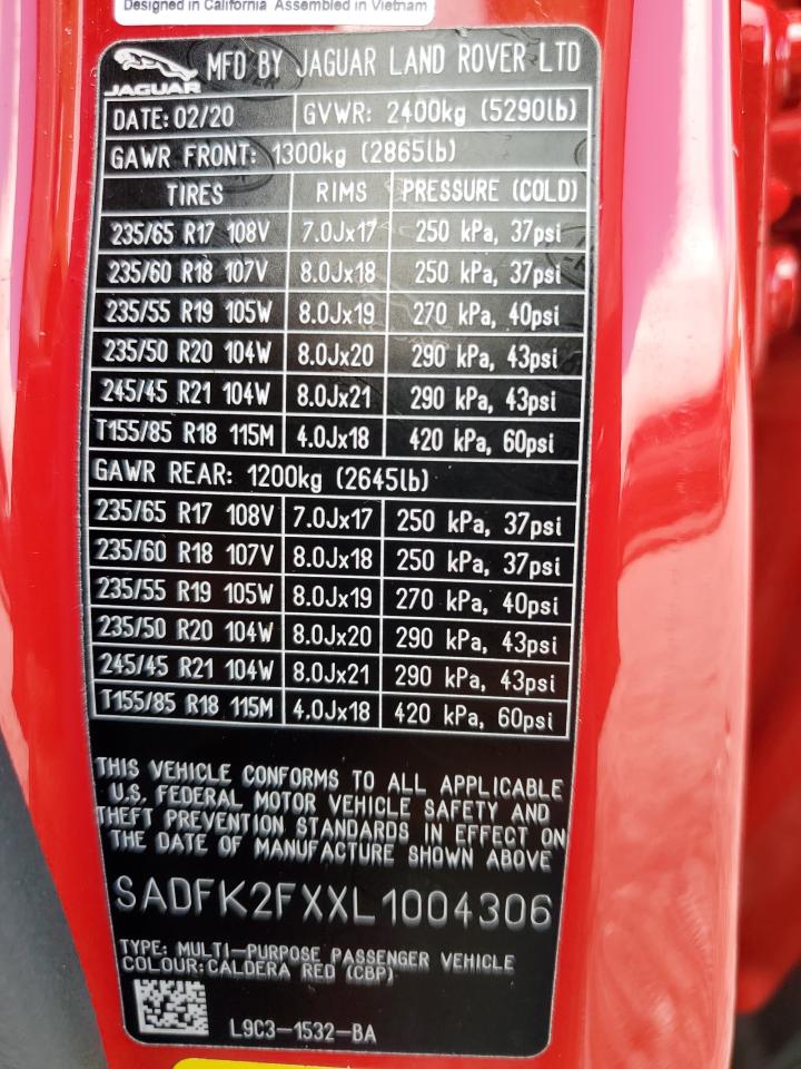 2020 Jaguar E-Pace VIN: SADFK2FXXL1004306 Lot: 65462875
