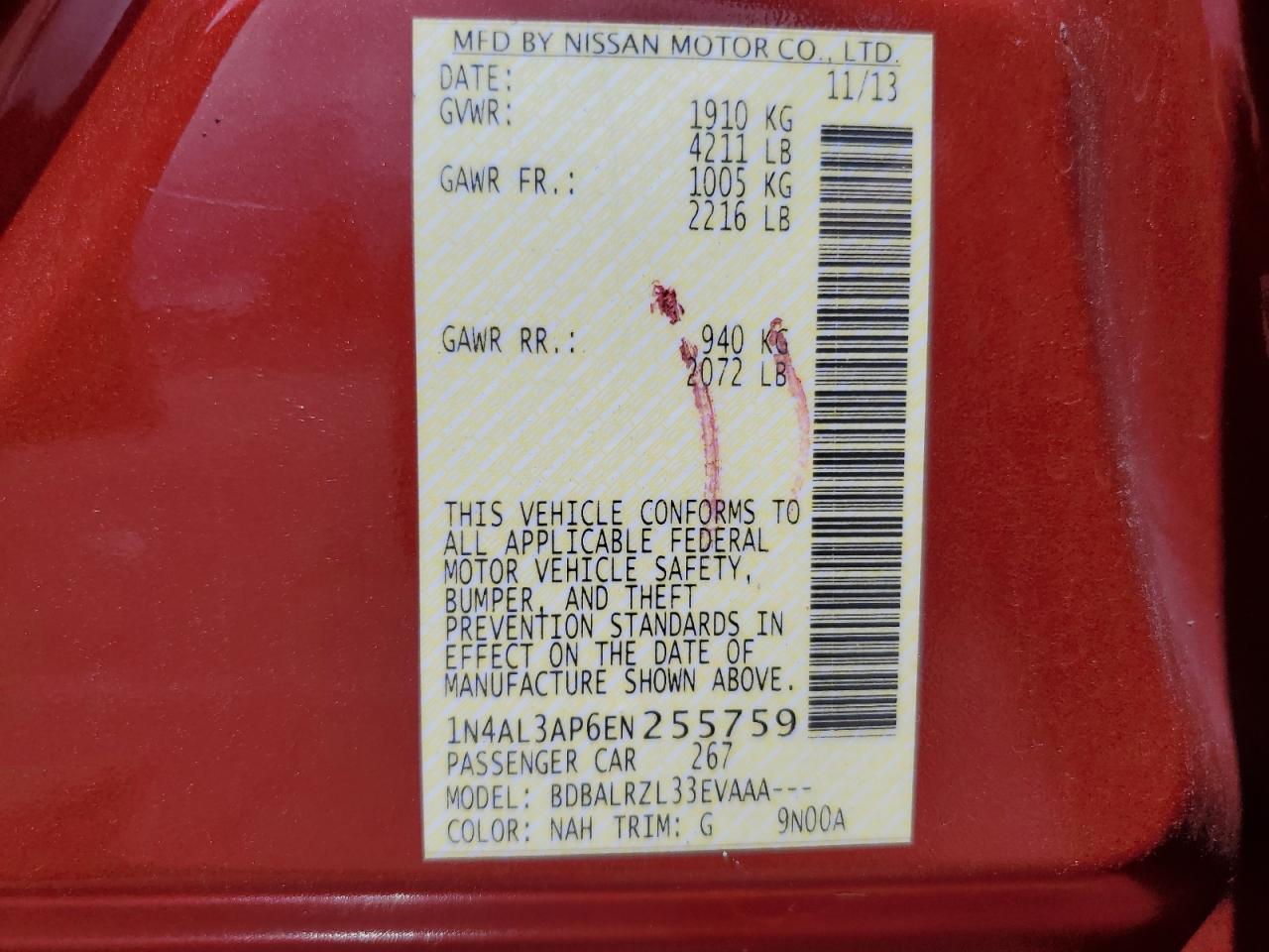 2014 Nissan Altima 2.5 VIN: 1N4AL3AP6EN255759 Lot: 65584275
