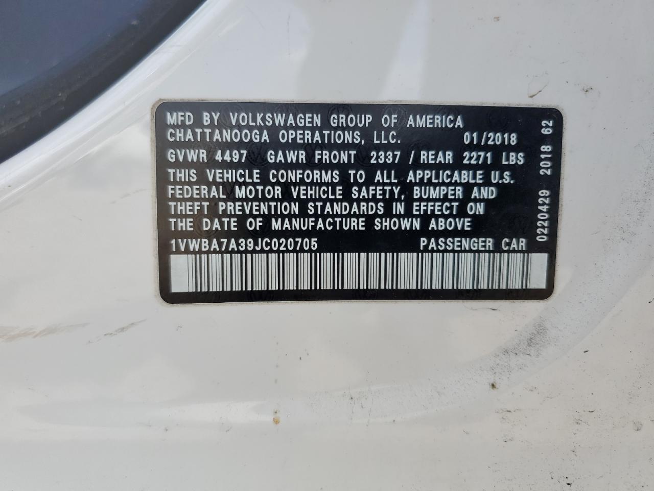 2018 Volkswagen Passat Se VIN: 1VWBA7A39JC020705 Lot: 66120395