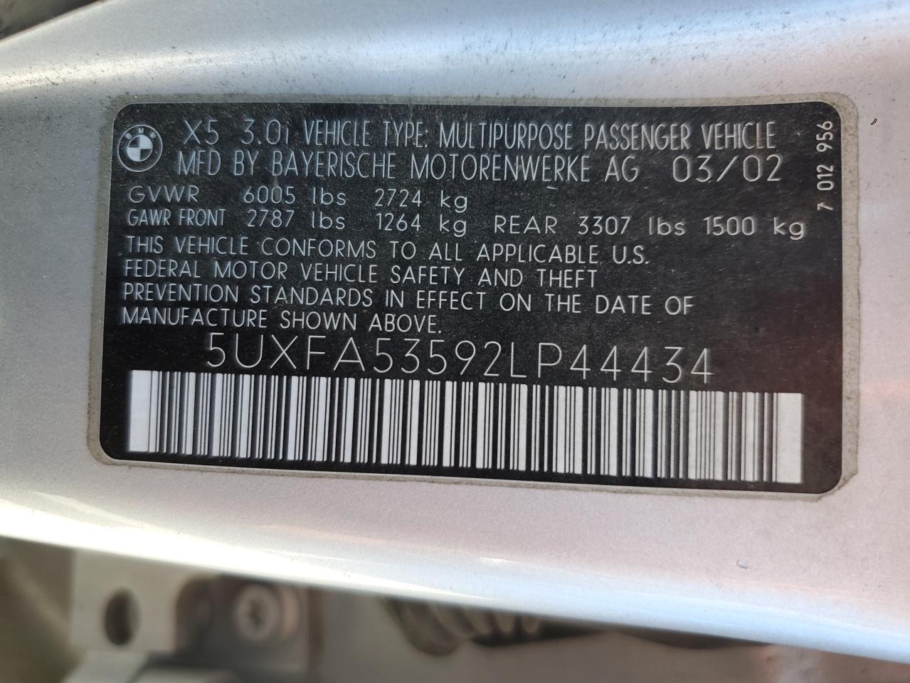 2002 BMW X5 3.0I VIN: 5UXFA53592LP44434 Lot: 65392905