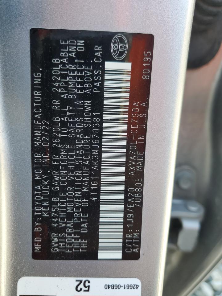 2022 Toyota Camry Se VIN: 4T1G11AK3NU670381 Lot: 65473845