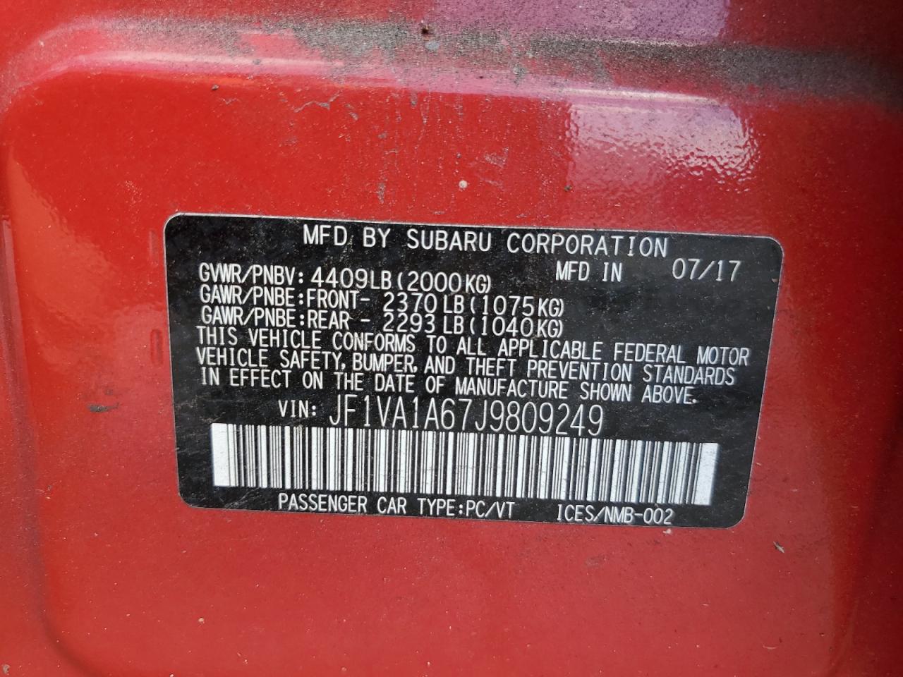 2018 Subaru Wrx VIN: JF1VA1A67J9809249 Lot: 63239795
