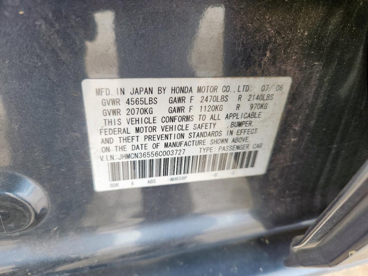 2006 Honda Accord Hybrid VIN: JHMCN36556C003727 Lot: 63257315