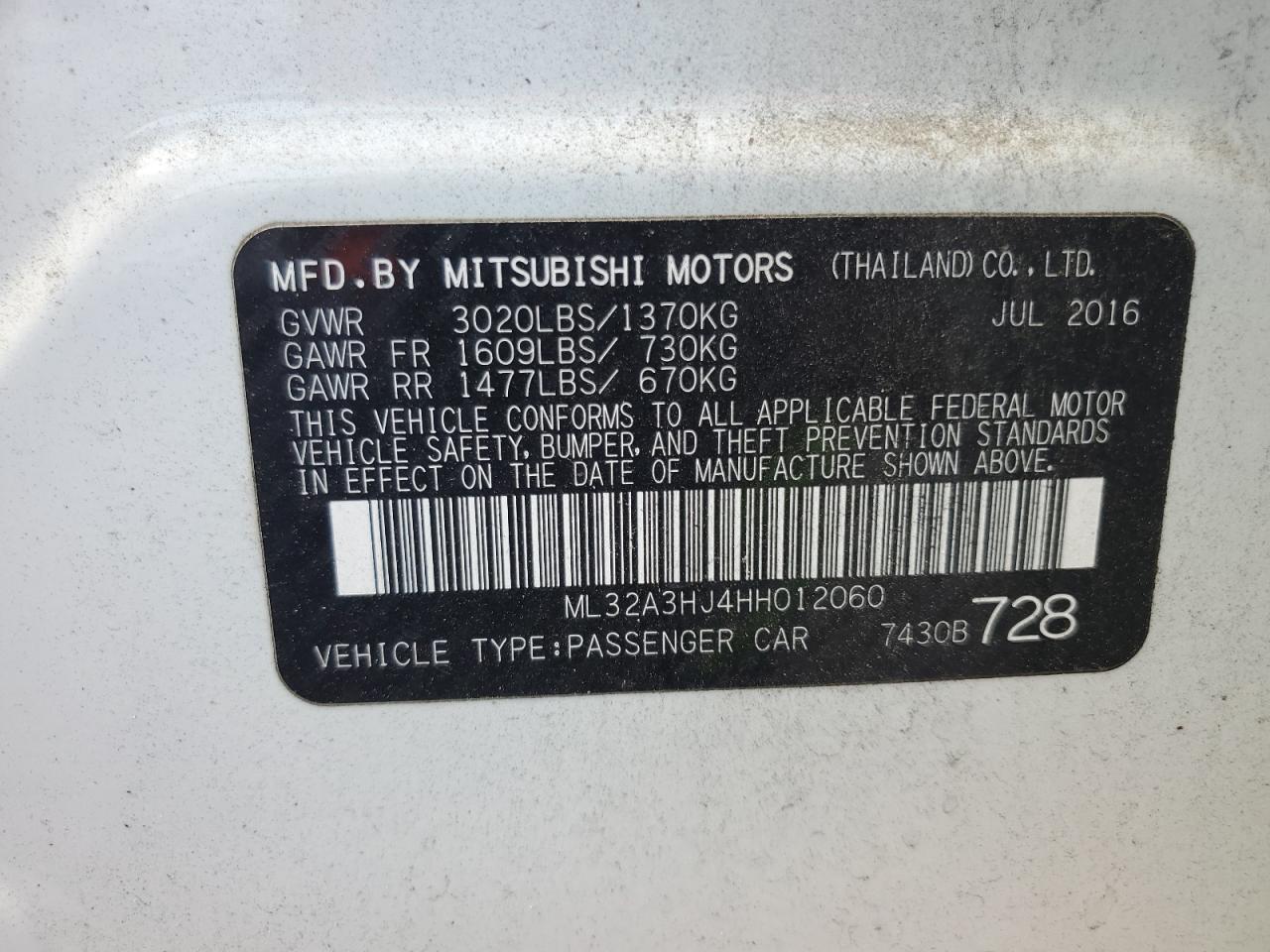 2017 Mitsubishi Mirage Es VIN: ML32A3HJ4HH012060 Lot: 63403895