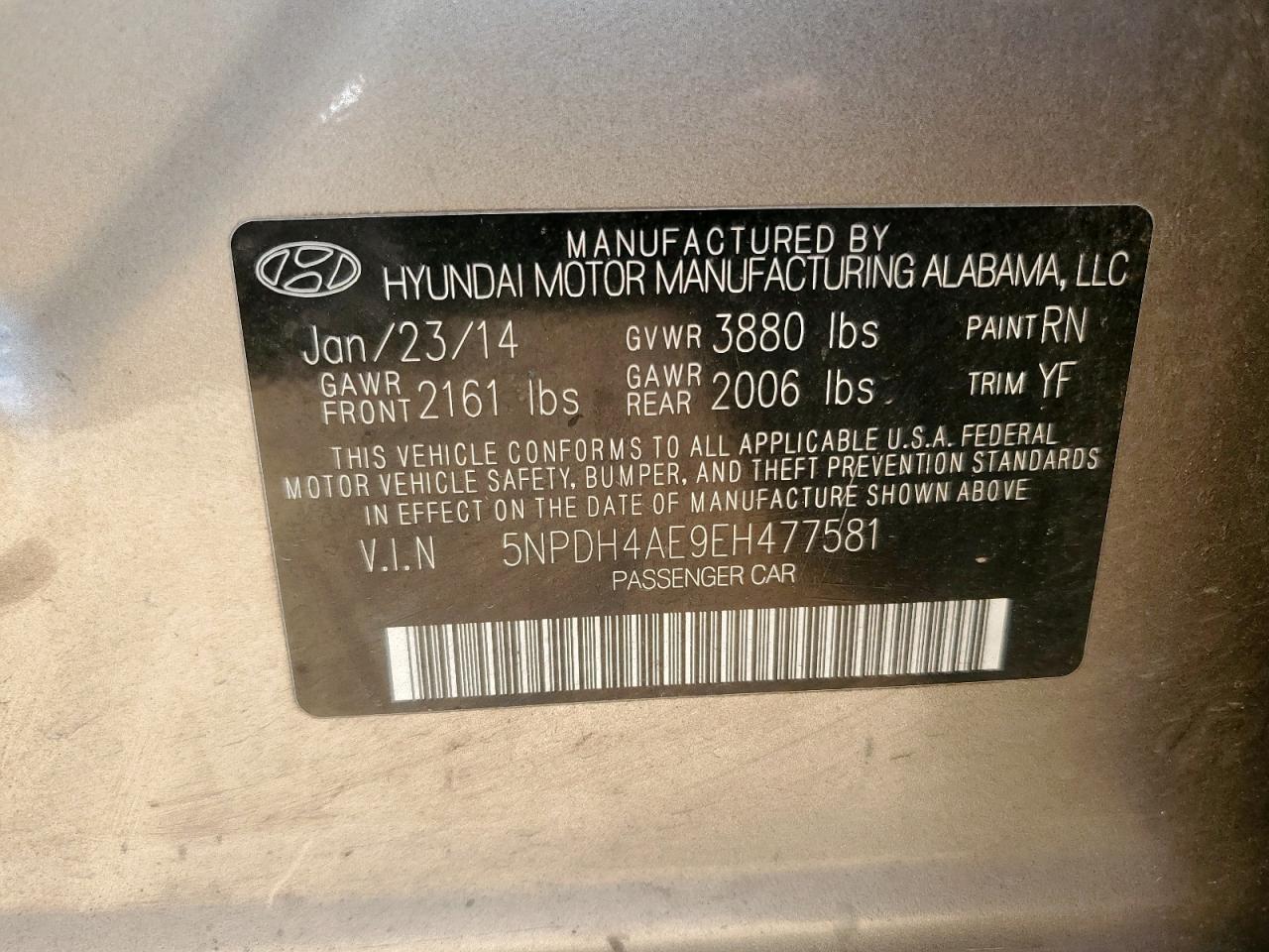 2014 Hyundai Elantra Se VIN: 5NPDH4AE9EH477581 Lot: 64050905