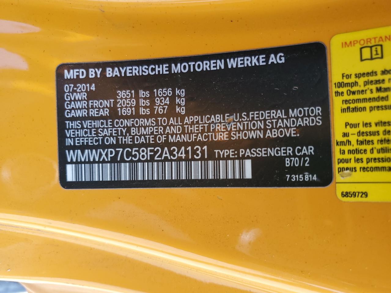 2015 Mini Cooper S VIN: WMWXP7C58F2A34131 Lot: 63651735