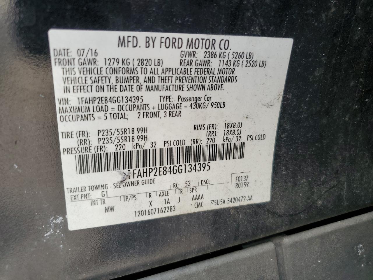 2016 Ford Taurus Sel VIN: 1FAHP2E84GG134395 Lot: 63083295