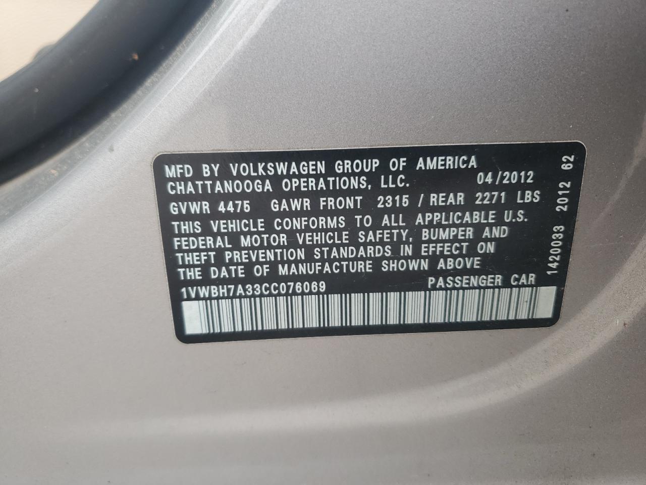 2012 Volkswagen Passat Se VIN: 1VWBH7A33CC076069 Lot: 63147545