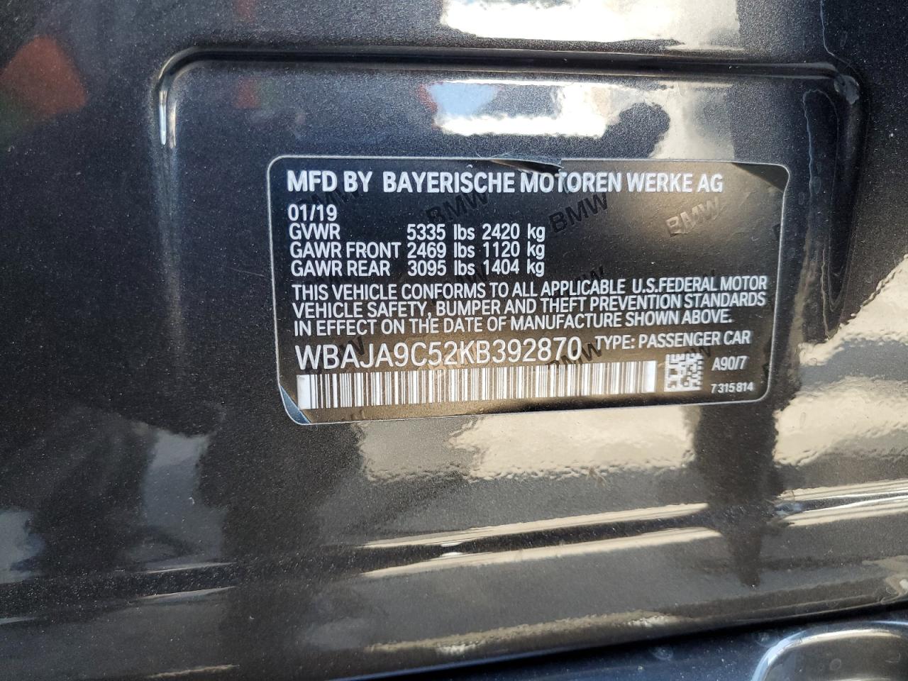 2019 BMW 530E VIN: WBAJA9C52KB392870 Lot: 66524445