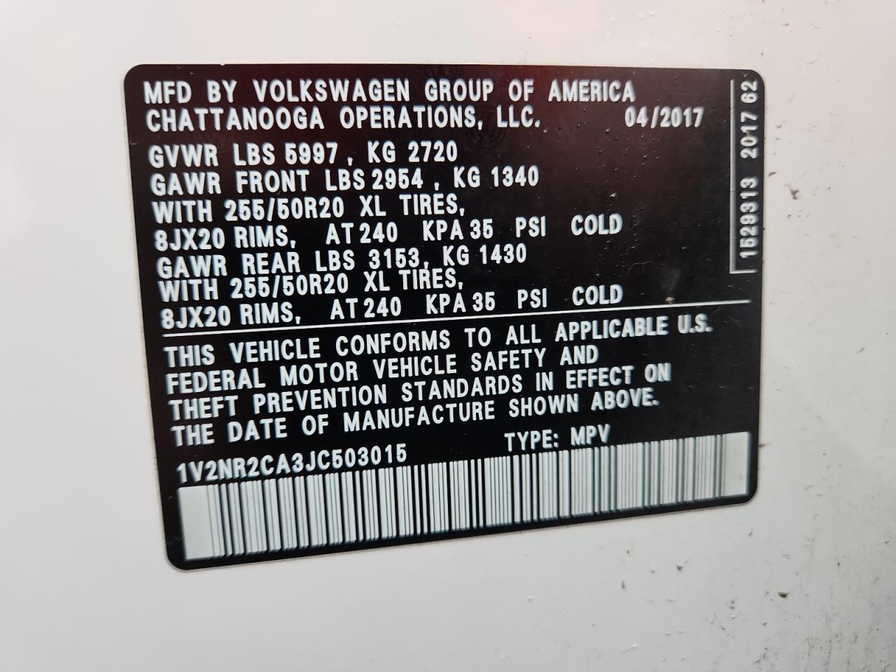 2018 Volkswagen Atlas Sel Premium VIN: 1V2NR2CA3JC503015 Lot: 63986185