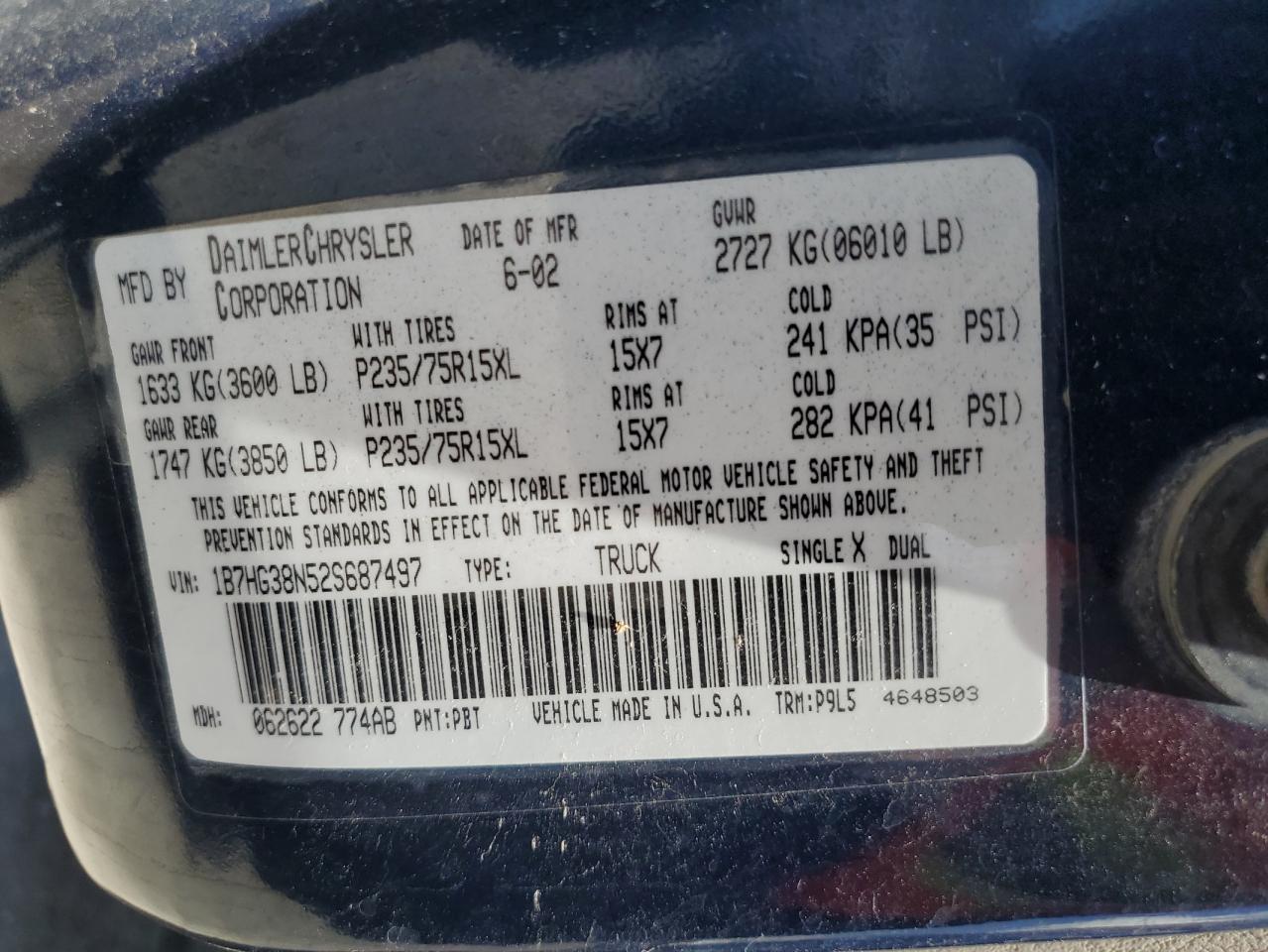 2002 Dodge Dakota Quad Sport VIN: 1B7HG38N52S687497 Lot: 64076645