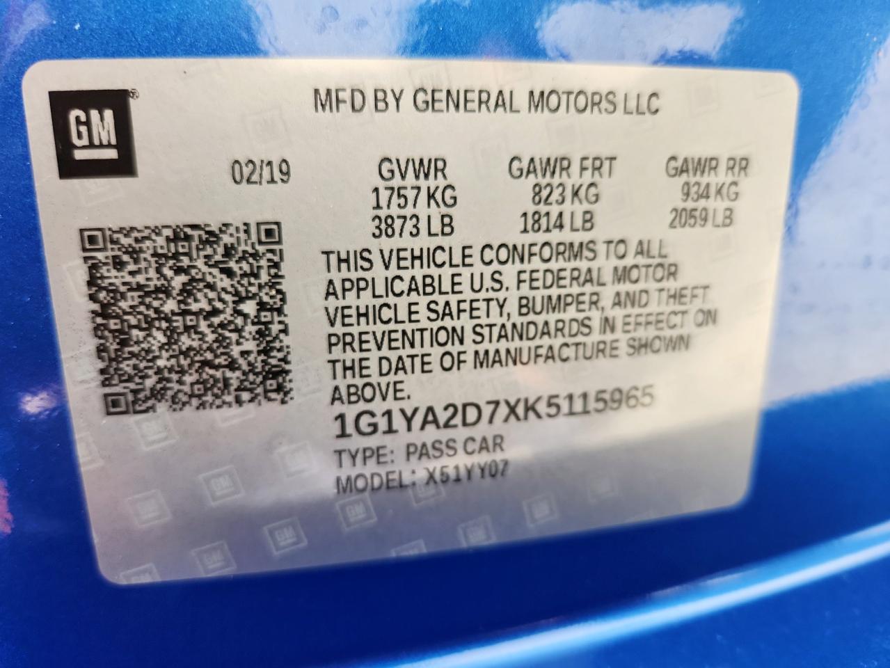 2019 Chevrolet Corvette Stingray 1Lt VIN: 1G1YA2D7XK5115965 Lot: 64840855