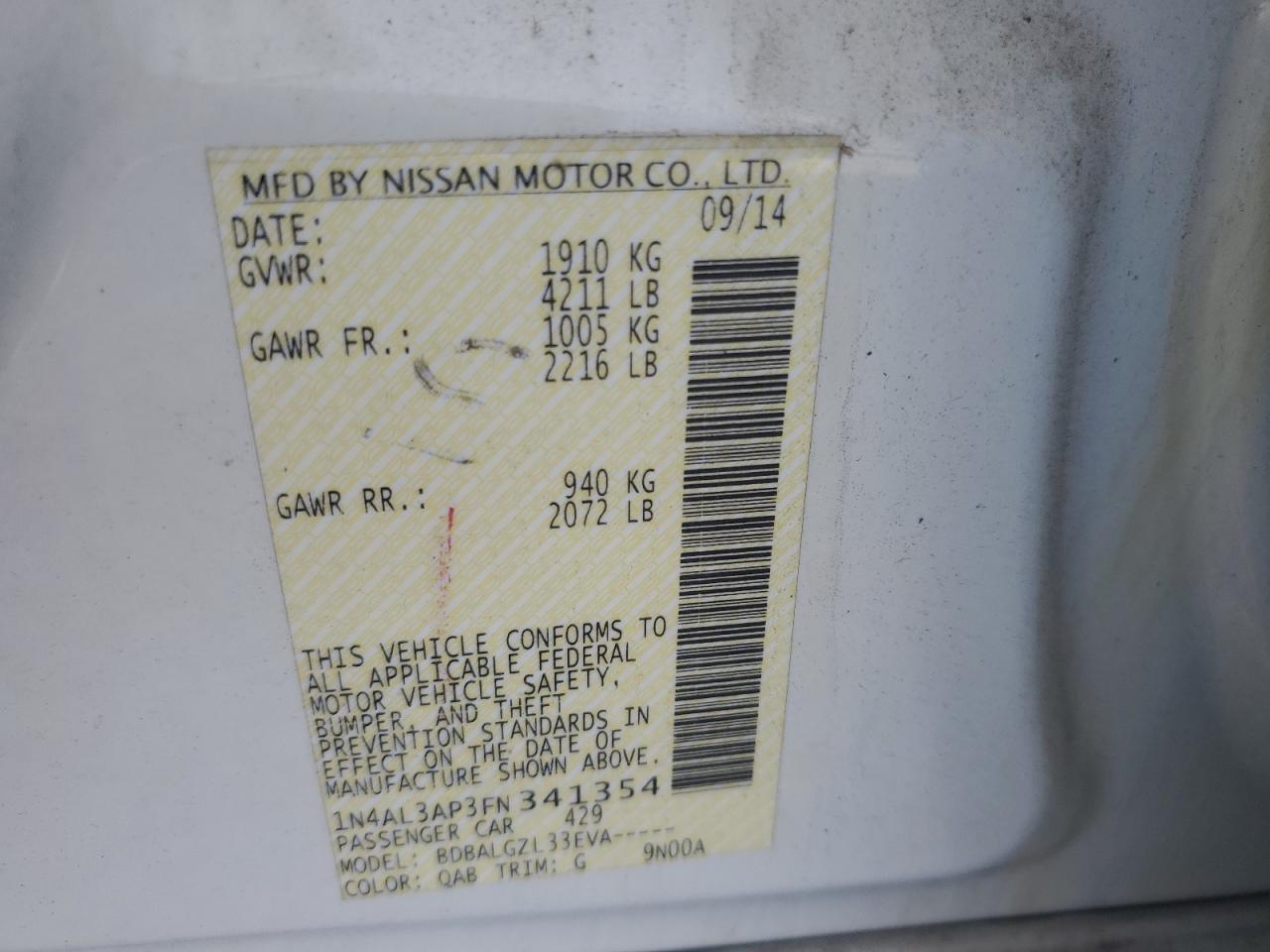 1n4al3ap3fn341354 1N4AL3AP3FN341354 2015 Nissan Altima 2.5
