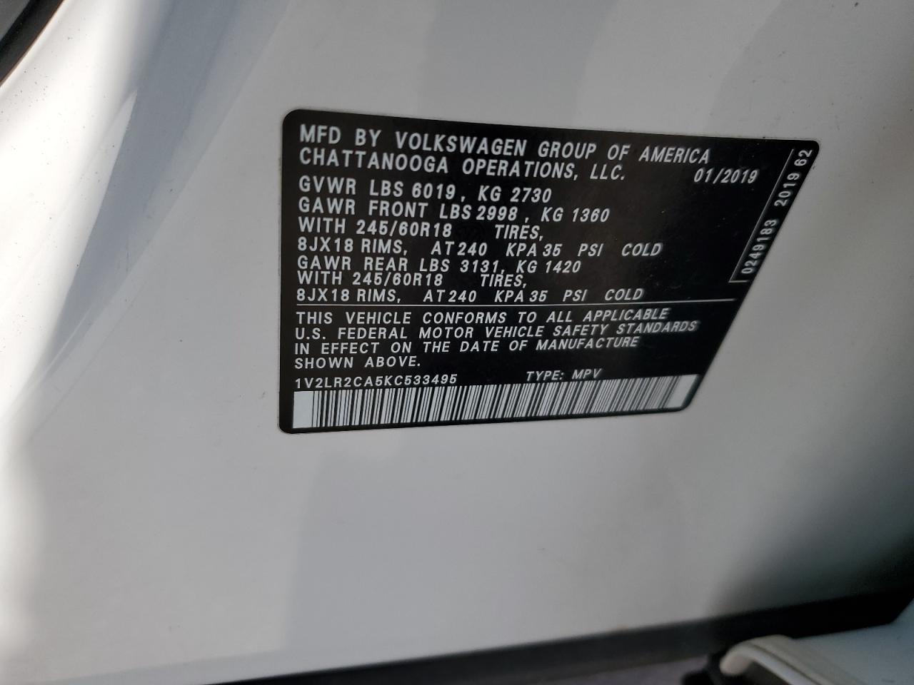 2019 Volkswagen Atlas Se VIN: 1V2LR2CA5KC533495 Lot: 64402535