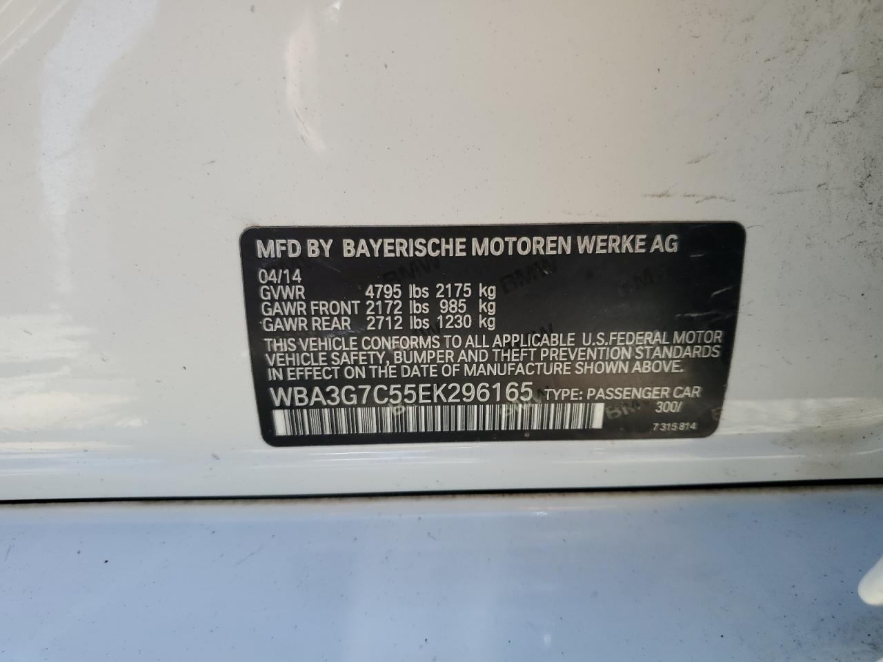 2014 BMW 328 Xi VIN: WBA3G7C55EK296165 Lot: 63645765