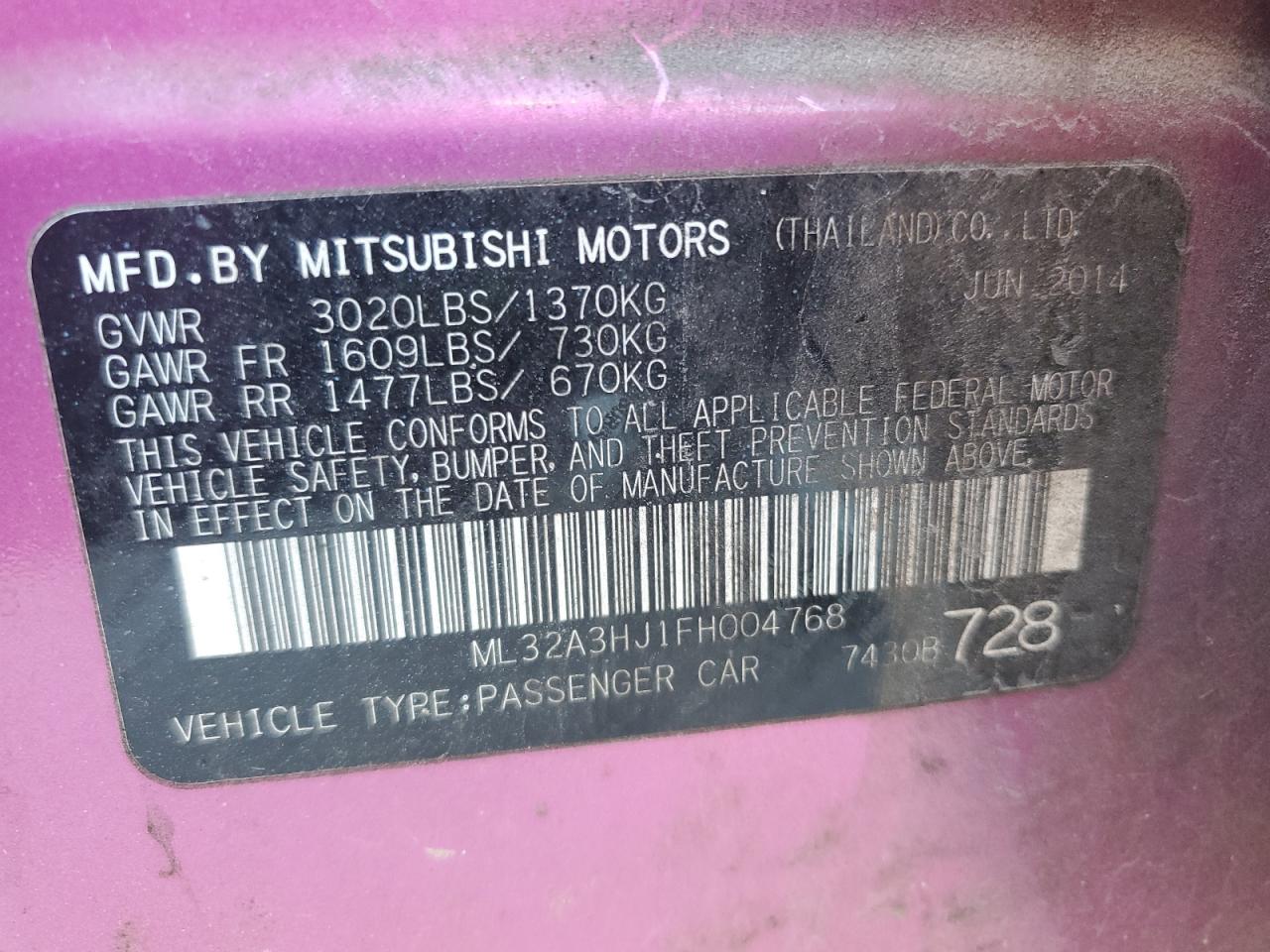 2015 Mitsubishi Mirage De VIN: ML32A3HJ1FH004768 Lot: 64420755