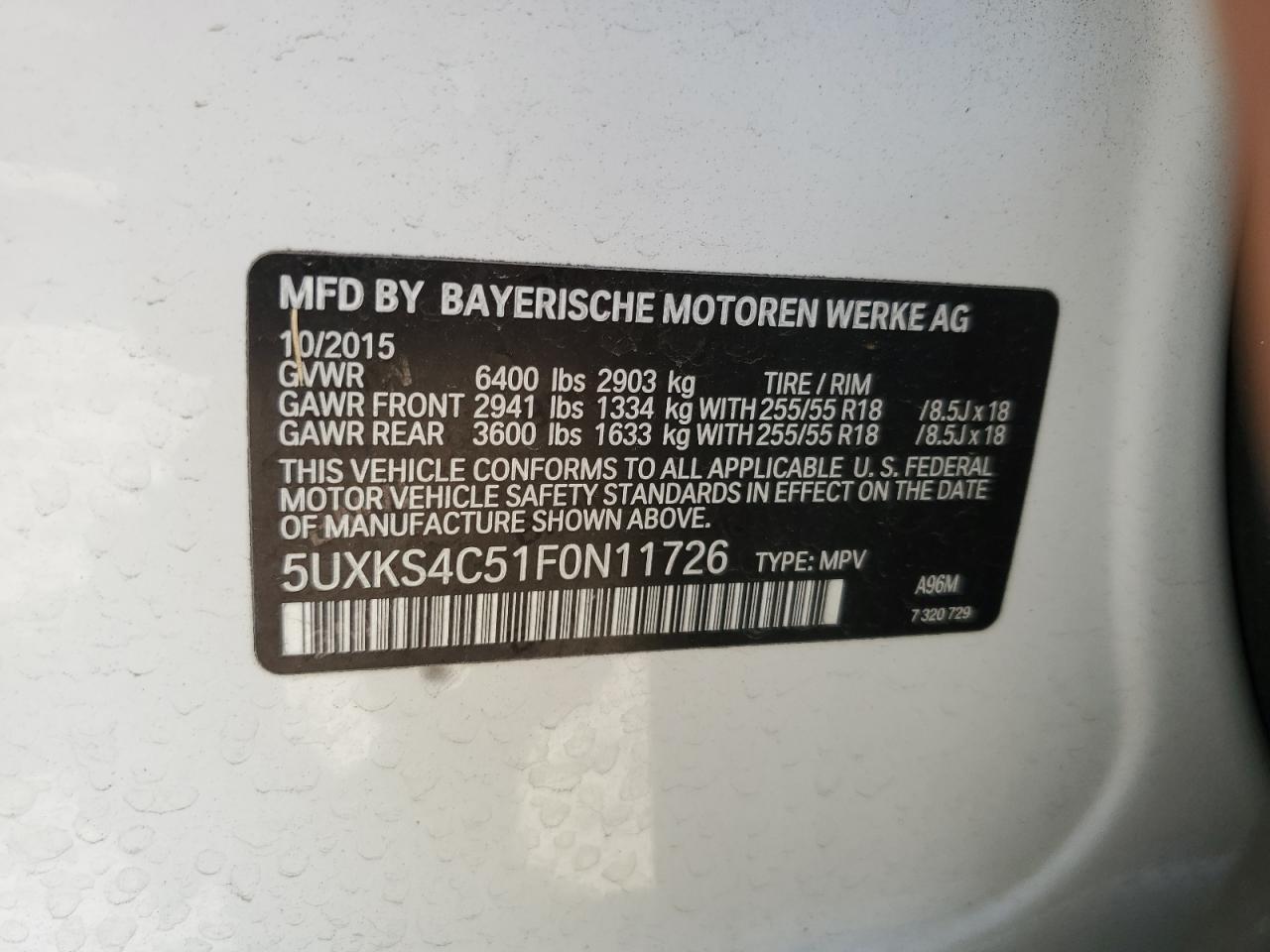 2015 BMW X5 xDrive35D VIN: 5UXKS4C51F0N11726 Lot: 64441495