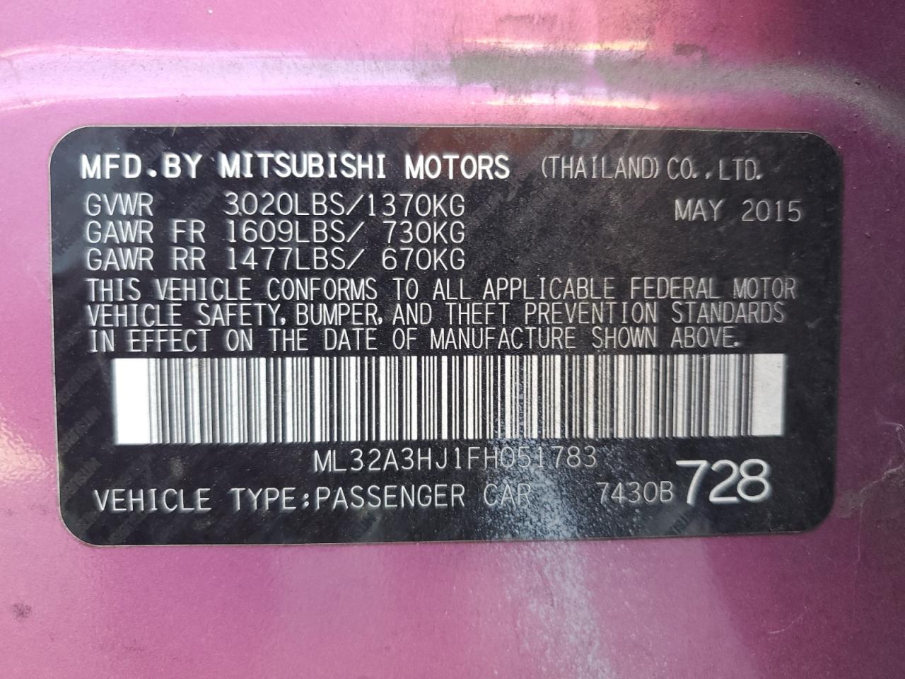 2015 Mitsubishi Mirage De VIN: ML32A3HJ1FH051783 Lot: 64325415