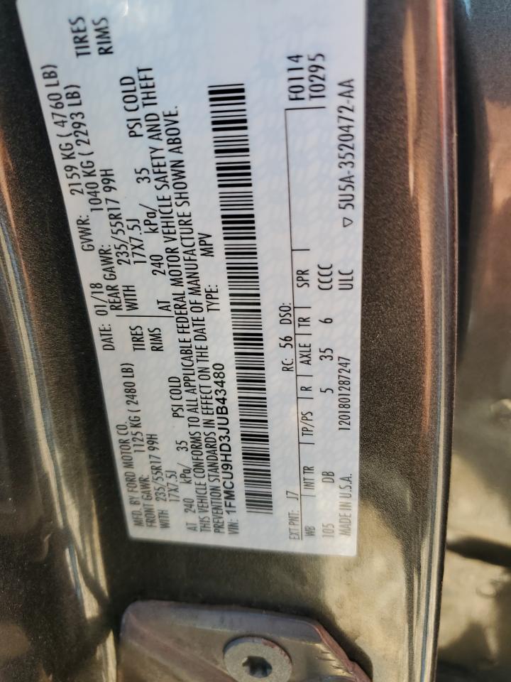 2018 Ford Escape Sel VIN: 1FMCU9HD3JUB43480 Lot: 65873745