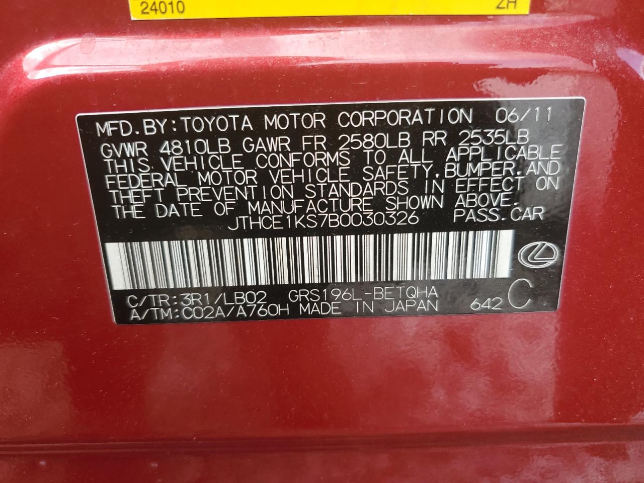 2011 Lexus Gs 350 VIN: JTHCE1KS7B0030326 Lot: 65125065