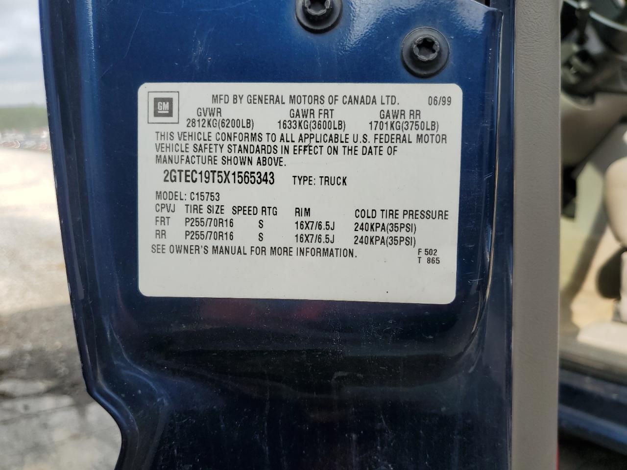 1999 GMC New Sierra C1500 VIN: 2GTEC19T5X1565343 Lot: 64420735