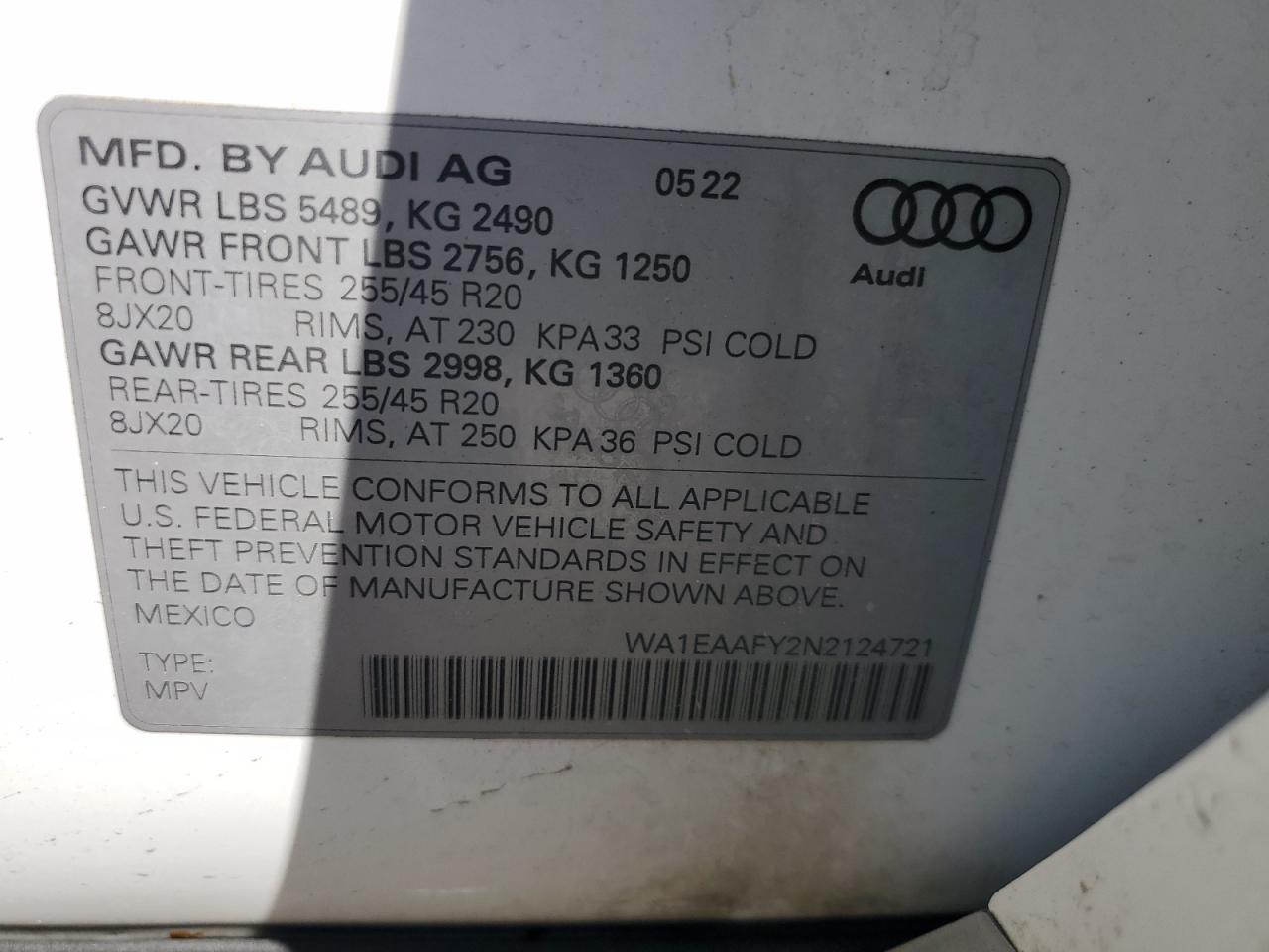 wa1eaafy2n2124721 WA1EAAFY2N2124721 2022 Audi Q5 Premium Plus 45