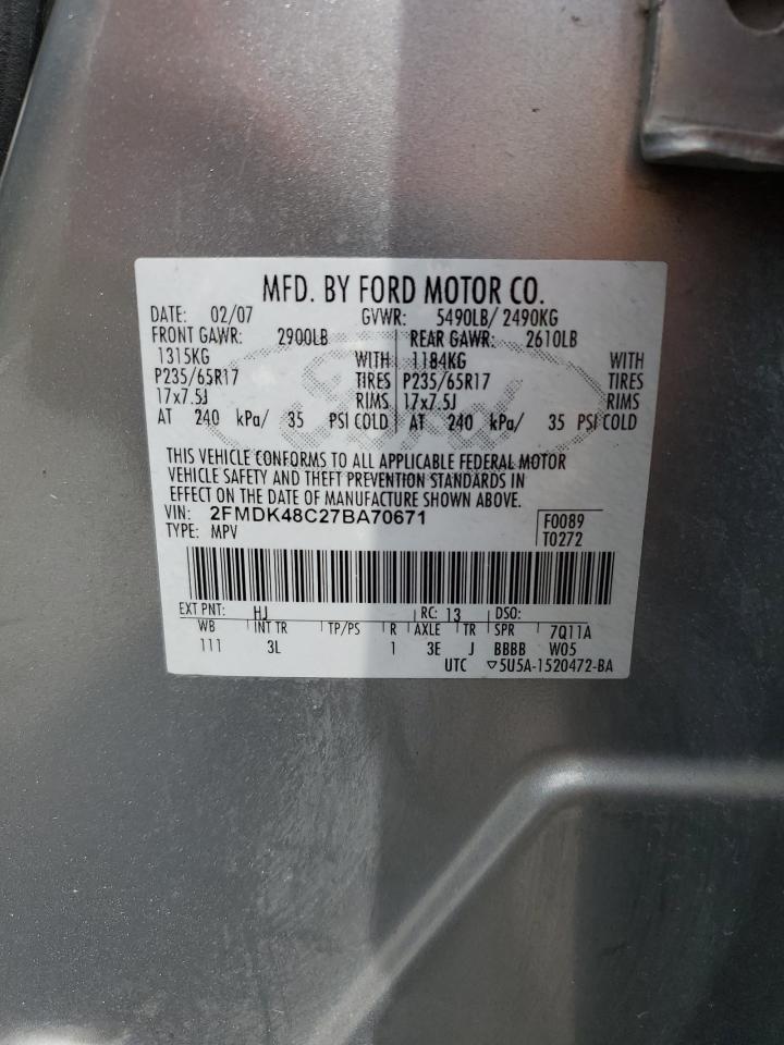 2007 Ford Edge Sel VIN: 2FMDK48C27BA70671 Lot: 65069145