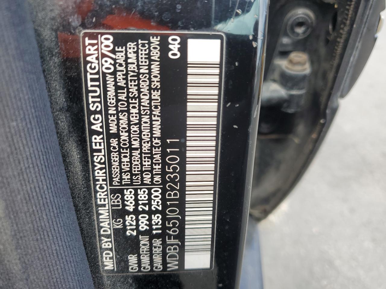 2001 Mercedes-Benz E 320 VIN: WDBJF65J01B235011 Lot: 64805565