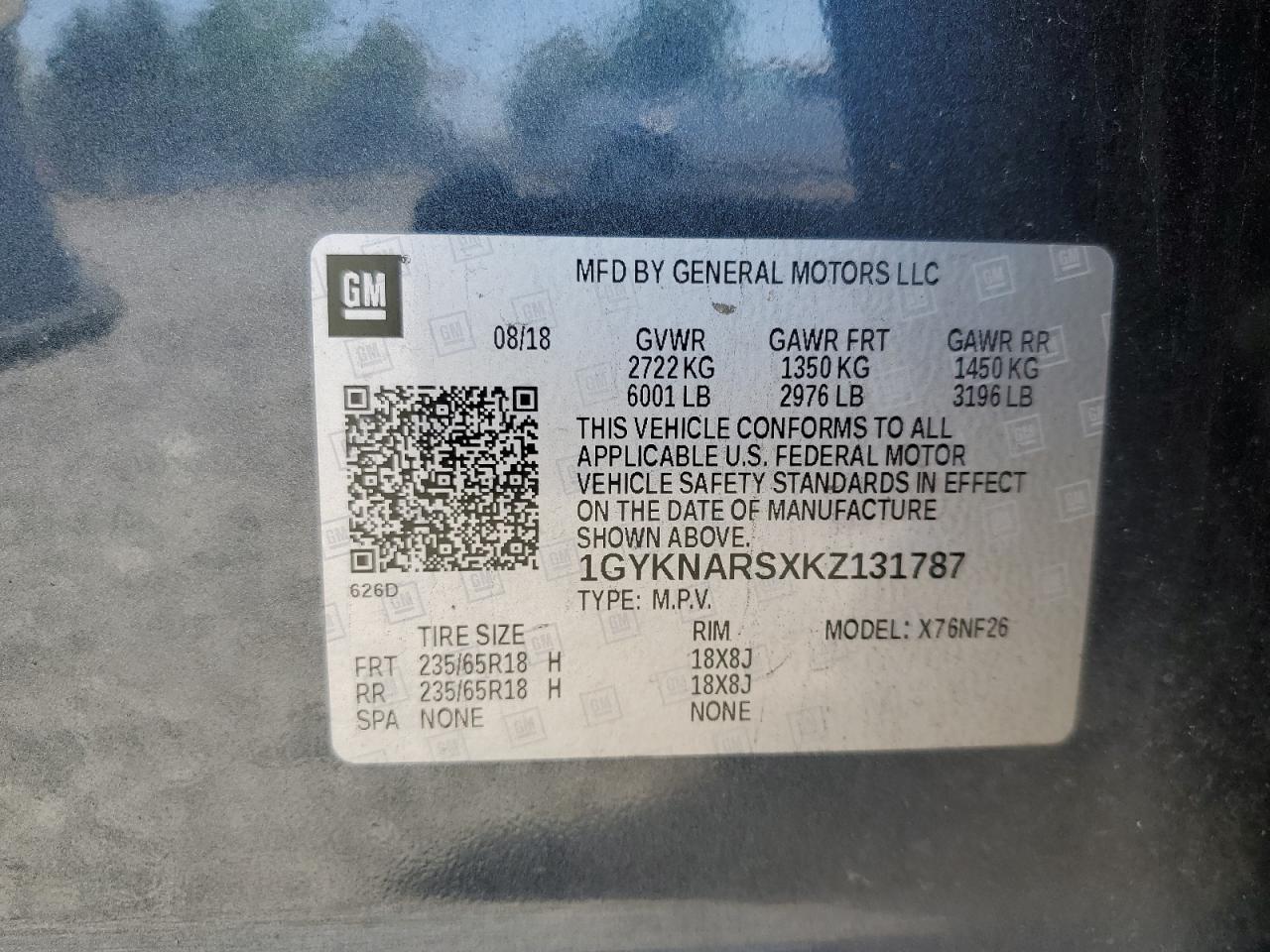 2019 Cadillac Xt5 VIN: 1GYKNARSXKZ131787 Lot: 64165035