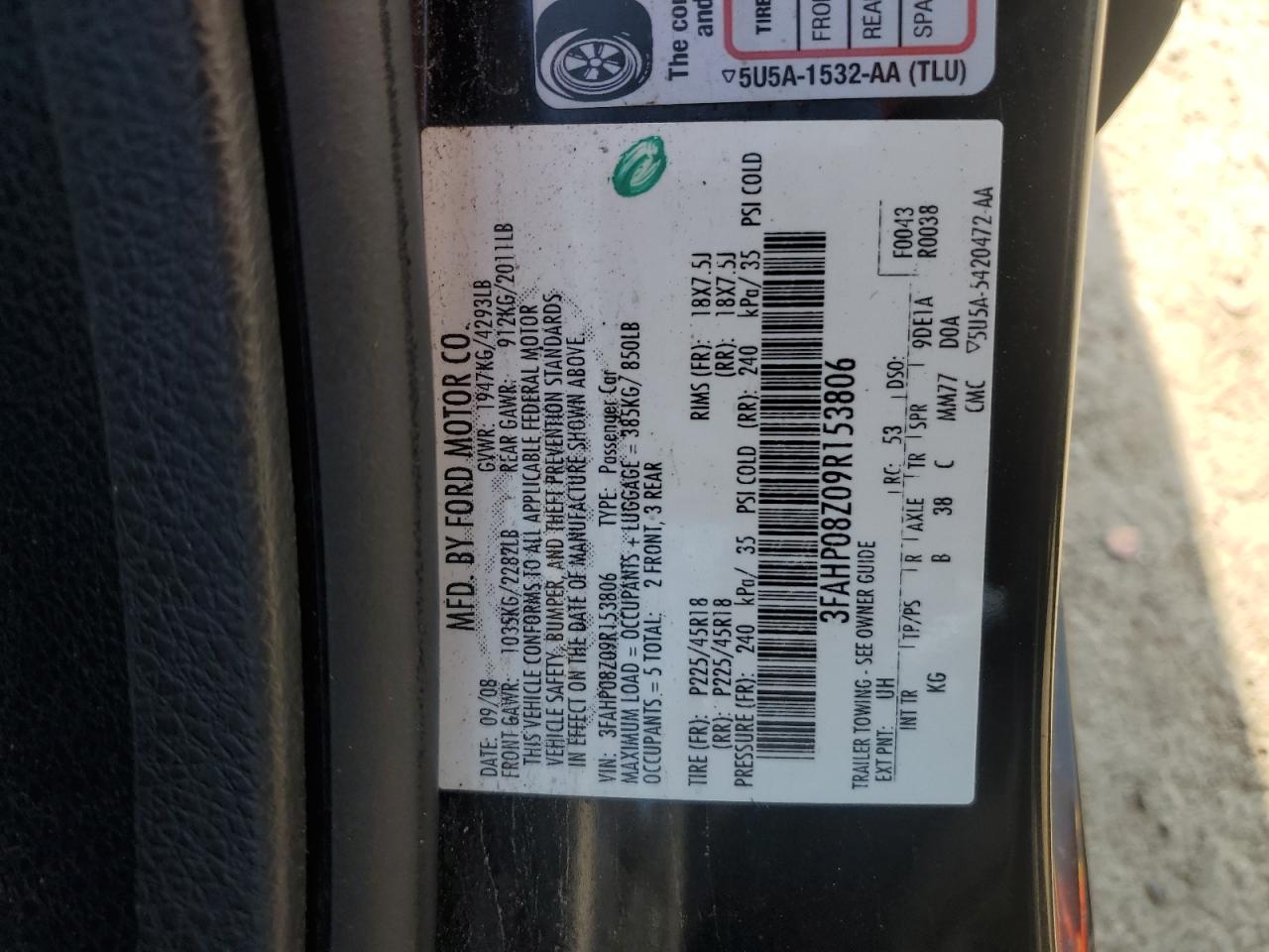 2009 Ford Fusion Sel VIN: 3FAHP08Z09R153806 Lot: 64567965