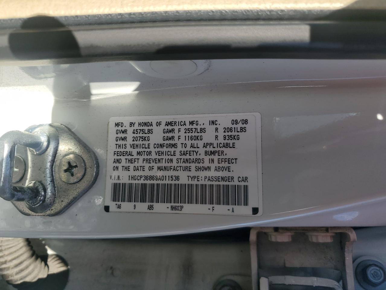 2009 Honda Accord Exl VIN: 1HGCP36869A011536 Lot: 64939545