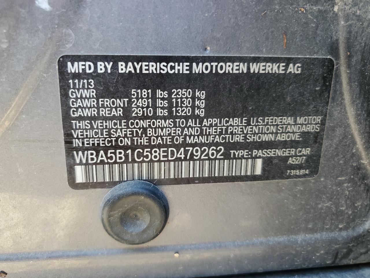 2014 BMW 535 I VIN: WBA5B1C58ED479262 Lot: 63196665