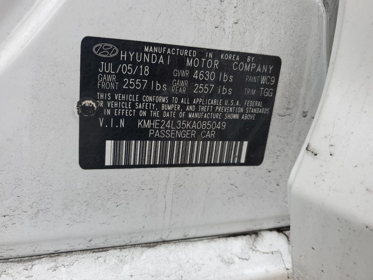 2019 Hyundai Sonata Hybrid VIN: KMHE24L35KA085049 Lot: 65446905