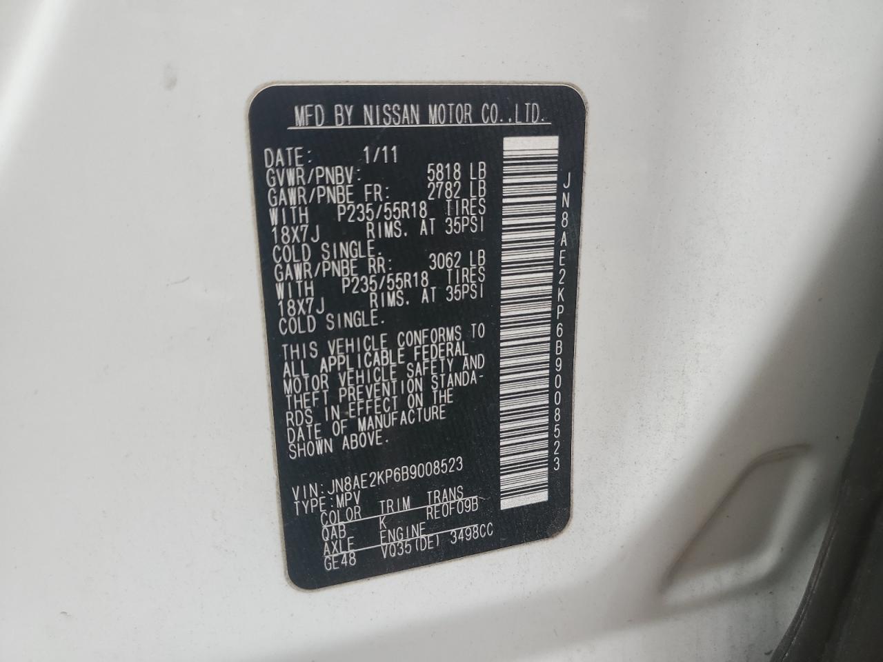 2011 Nissan Quest S VIN: JN8AE2KP6B9008523 Lot: 66271445