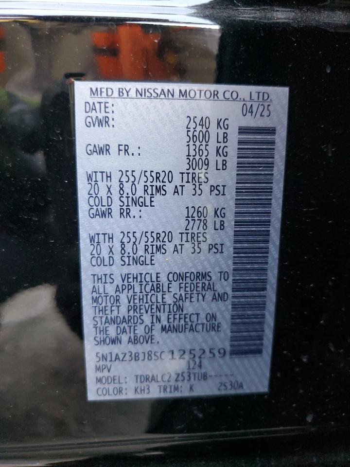 2025 Nissan Murano Sv VIN: 5N1AZ3BJ8SC125259 Lot: 65274755