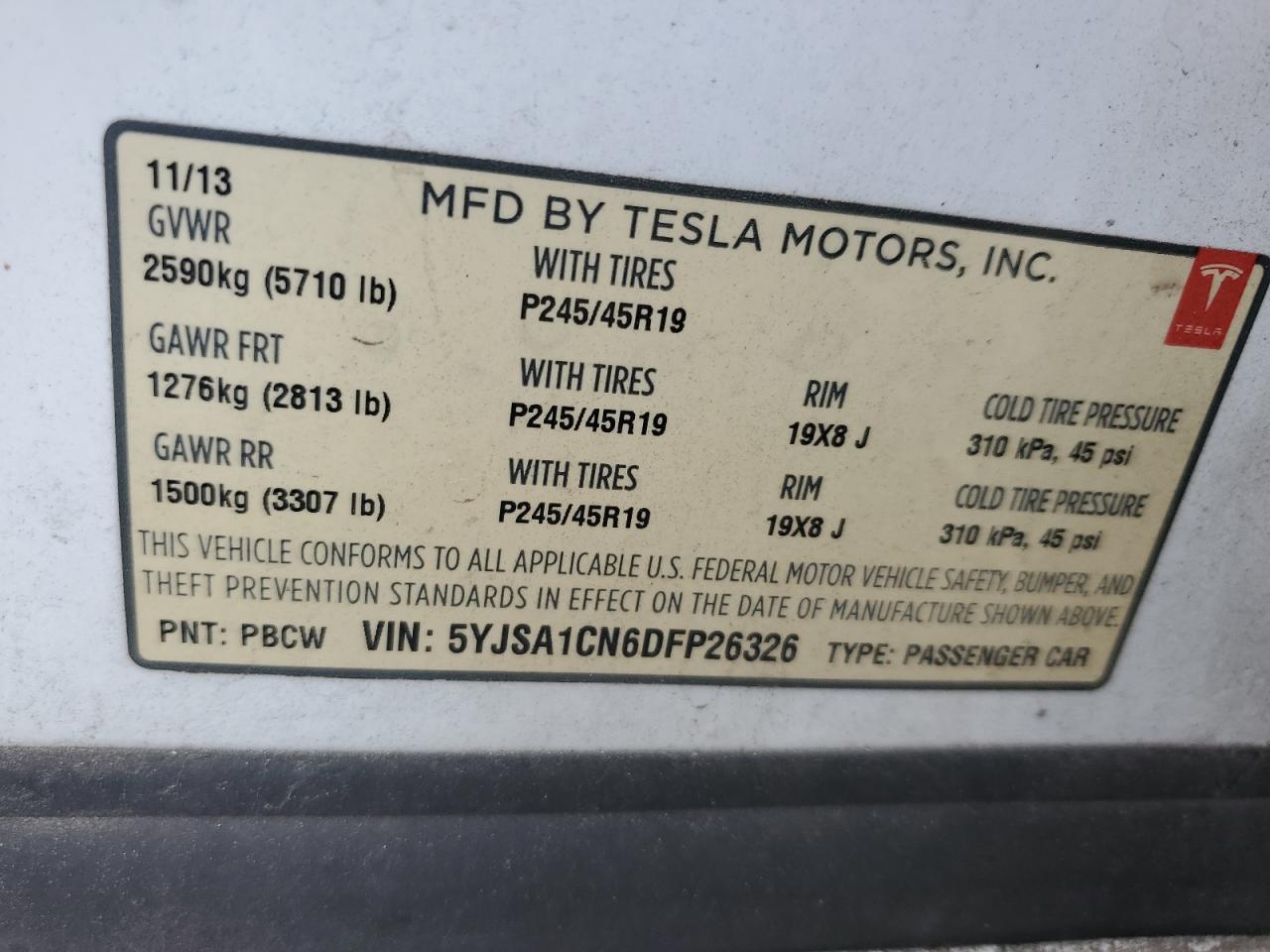 2013 Tesla Model S VIN: 5YJSA1CN6DFP26326 Lot: 64689015