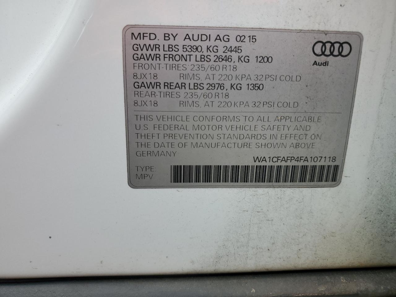 2015 Audi Q5 Premium VIN: WA1CFAFP4FA107118 Lot: 63589505