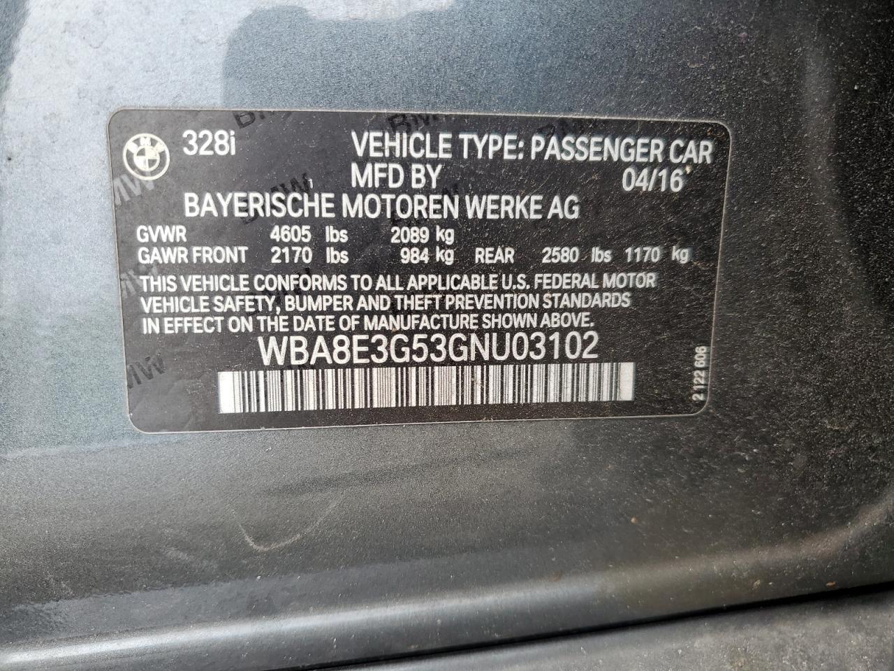 2016 BMW 328 Xi Sulev VIN: WBA8E3G53GNU03102 Lot: 63166445