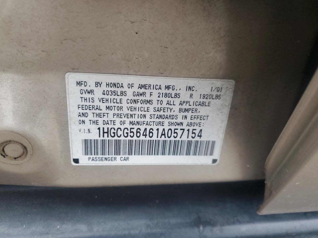 2001 Honda Accord Lx VIN: 1HGCG56461A057154 Lot: 65963735
