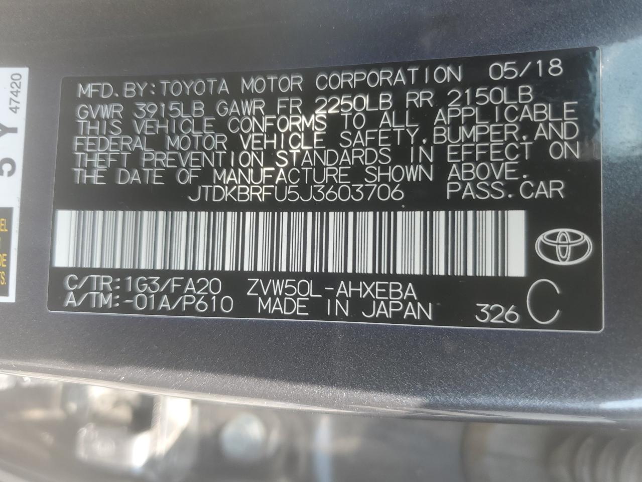 2018 Toyota Prius VIN: JTDKBRFU5J3603706 Lot: 59961155