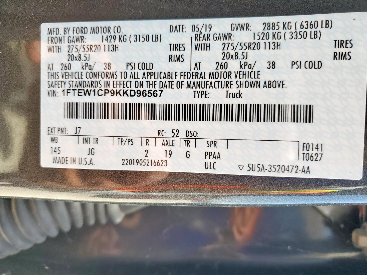 2019 Ford F150 Supercrew VIN: 1FTEW1CP9KKD96567 Lot: 65322855
