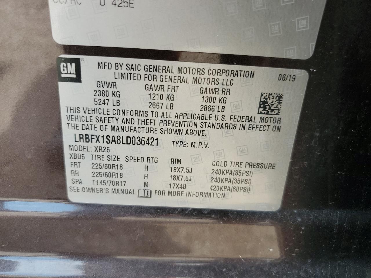 2020 Buick Envision Preferred VIN: LRBFX1SA8LD036421 Lot: 63991495