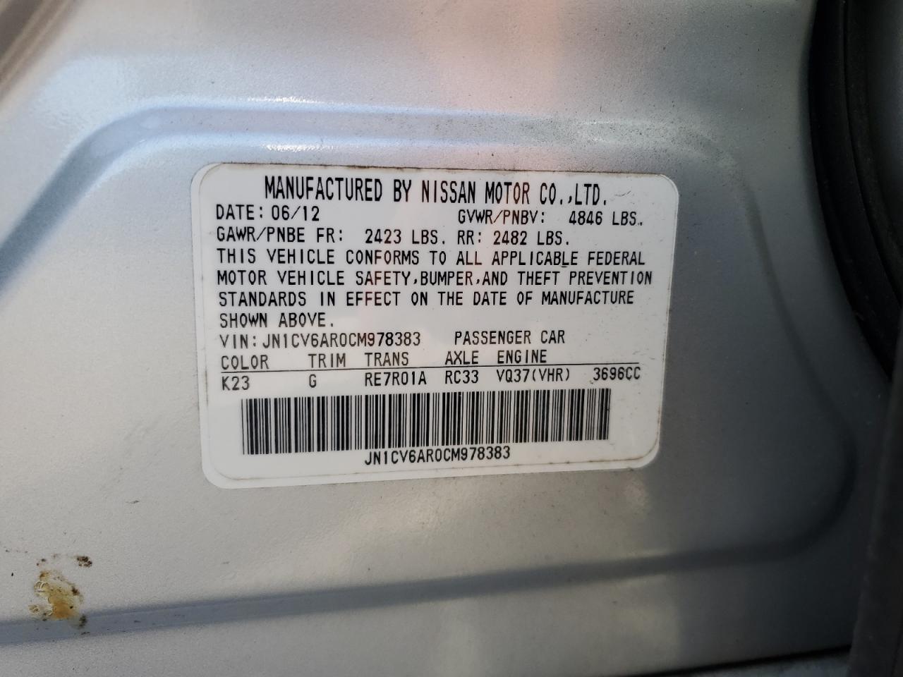 2012 Infiniti G37 VIN: JN1CV6AR0CM978383 Lot: 66432435