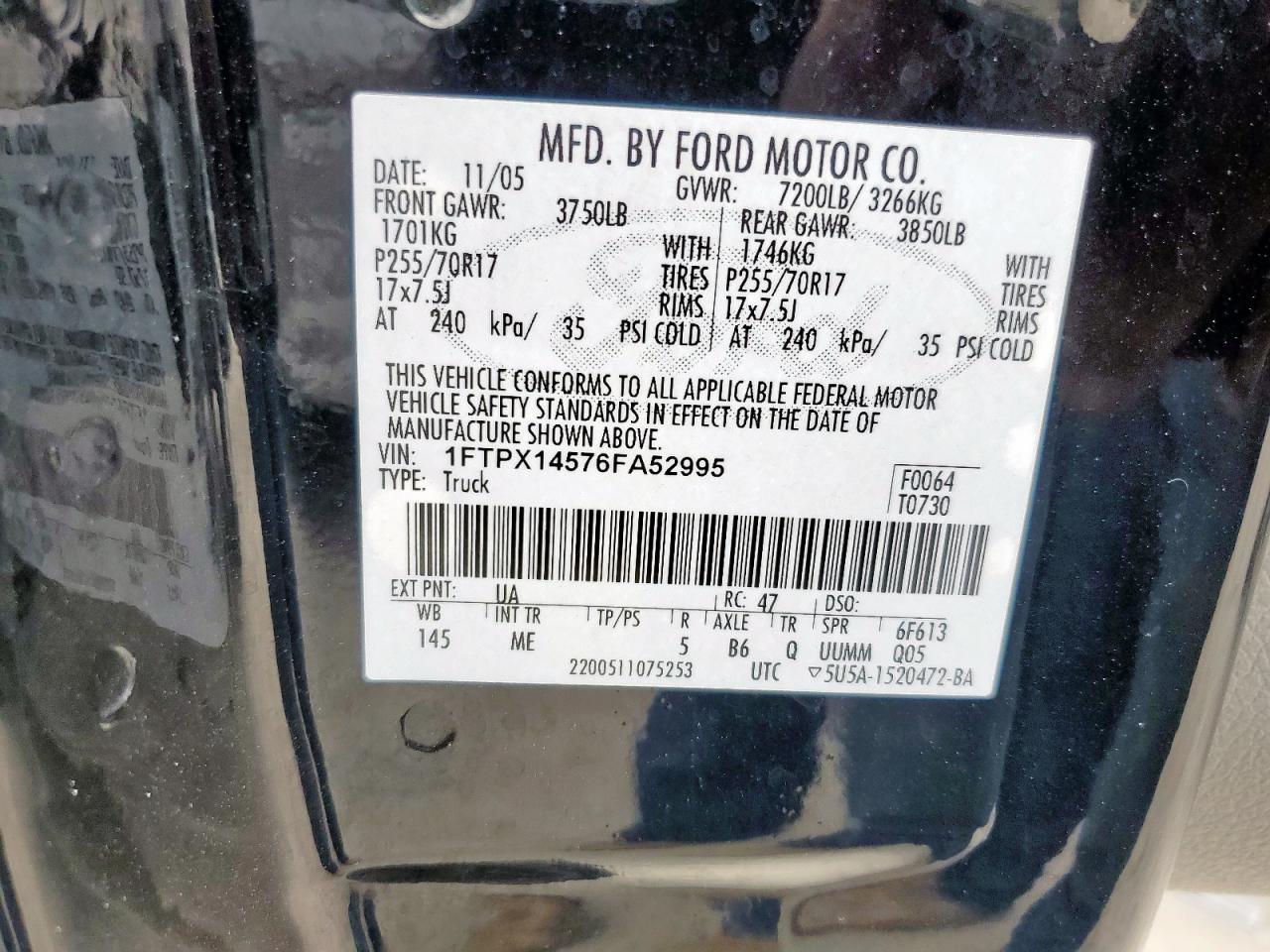 2006 Ford F150 VIN: 1FTPX14576FA52995 Lot: 63126505
