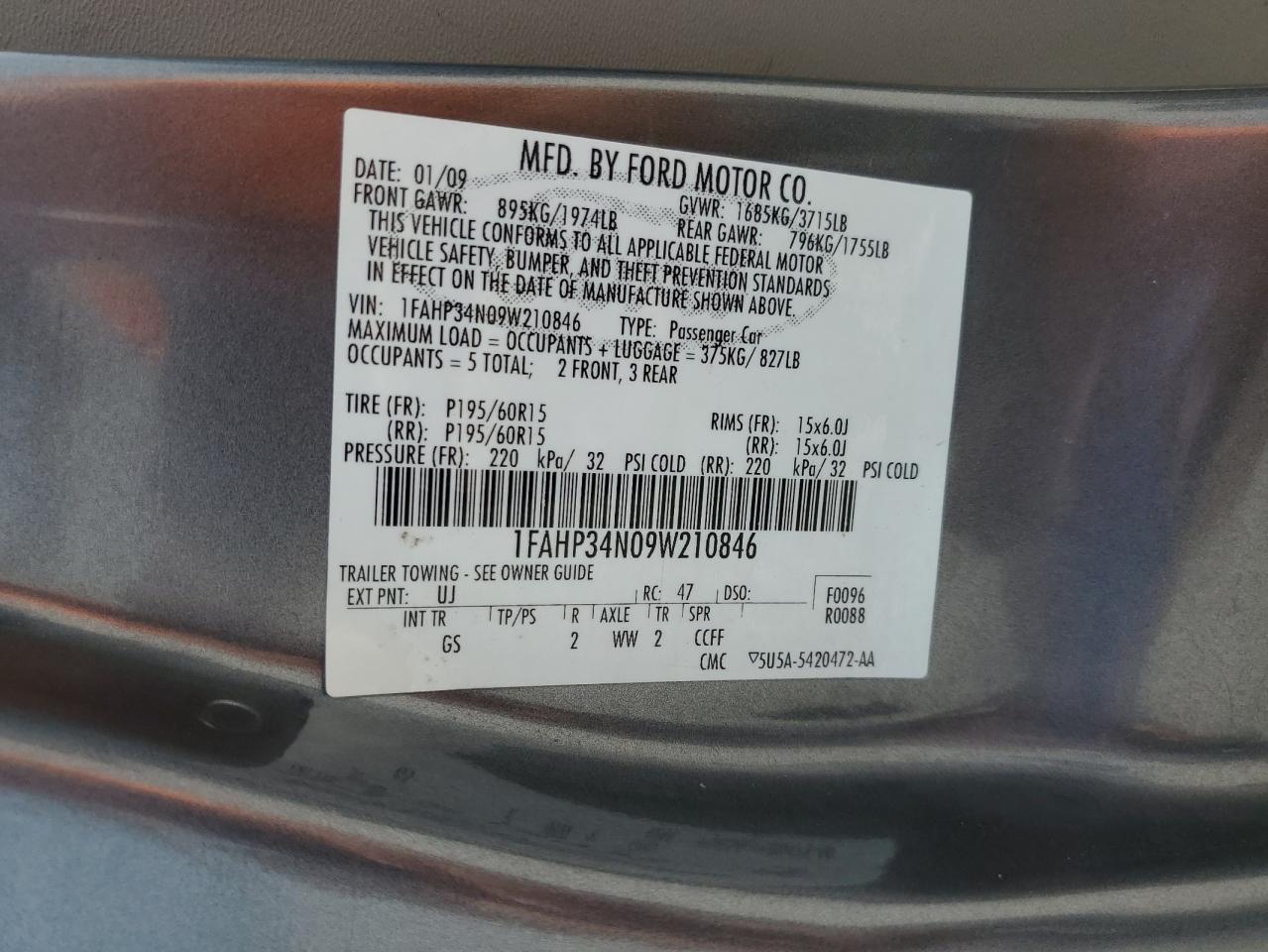 2009 Ford Focus S VIN: 1FAHP34N09W210846 Lot: 65264275